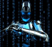 Futuristic Robot Surrounded by Blue Binary Code