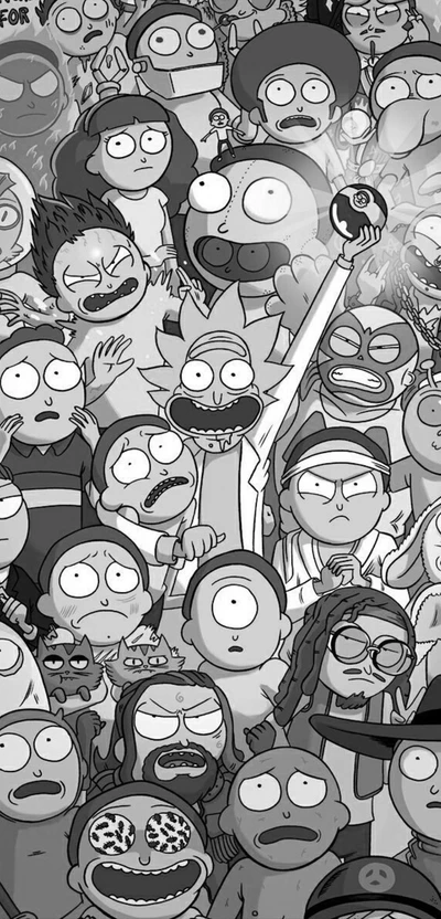 Chaos des personnages de Rick et Morty dans un motif noir et gris