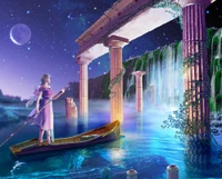 Dreamscape: A Girl in a Boat Beneath the Moonlit Waterfall