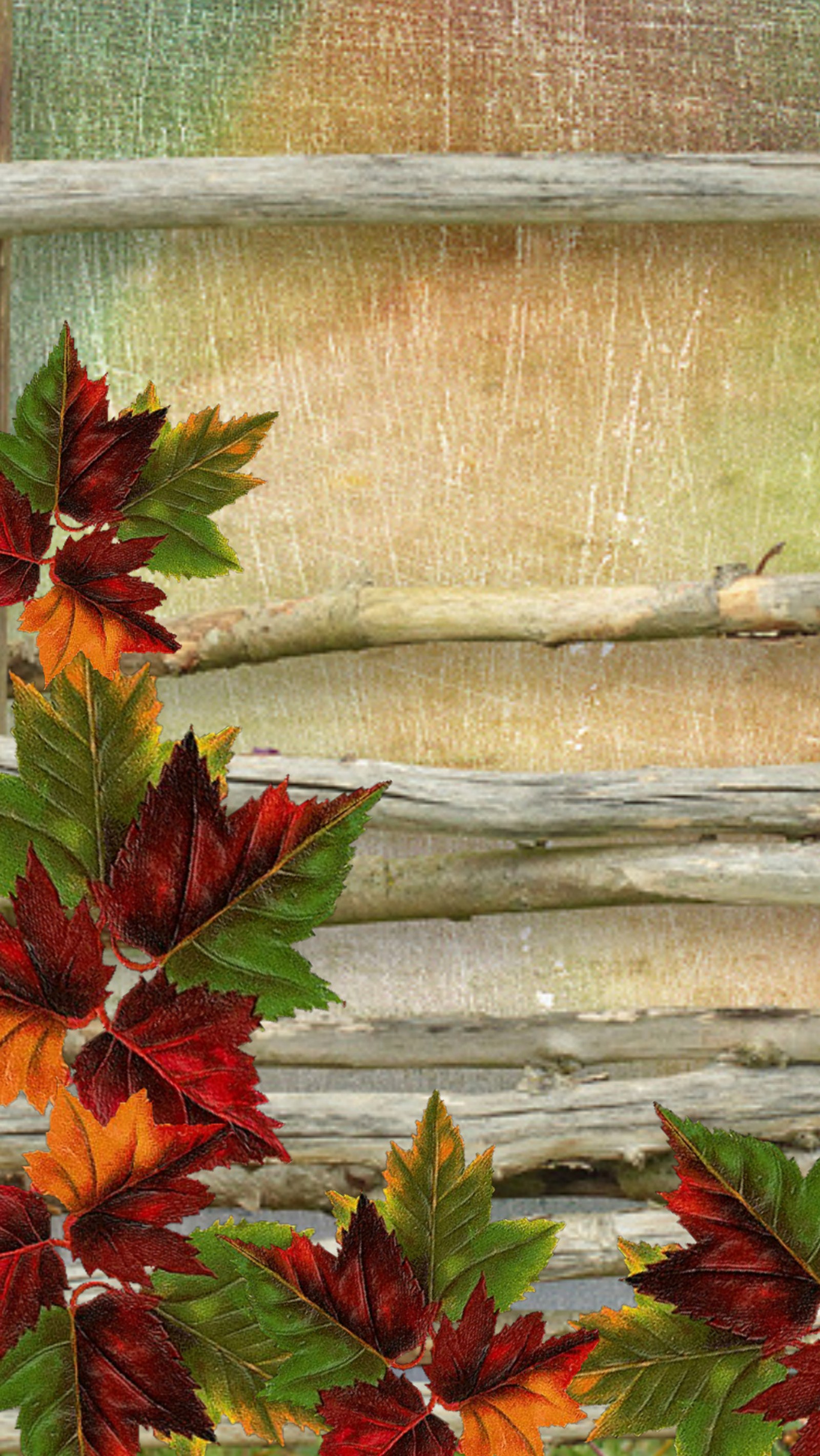 There is a picture of a painting of a bunch of leaves (abstract, autumn, leaves, wood)