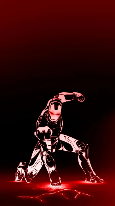 Iron Man en una pose dinámica contra un fondo rojo impactante, mostrando su icónico traje y su estatura heroica.