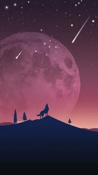 Silhouetted Wolf Under a Blood Moon with Shooting Stars