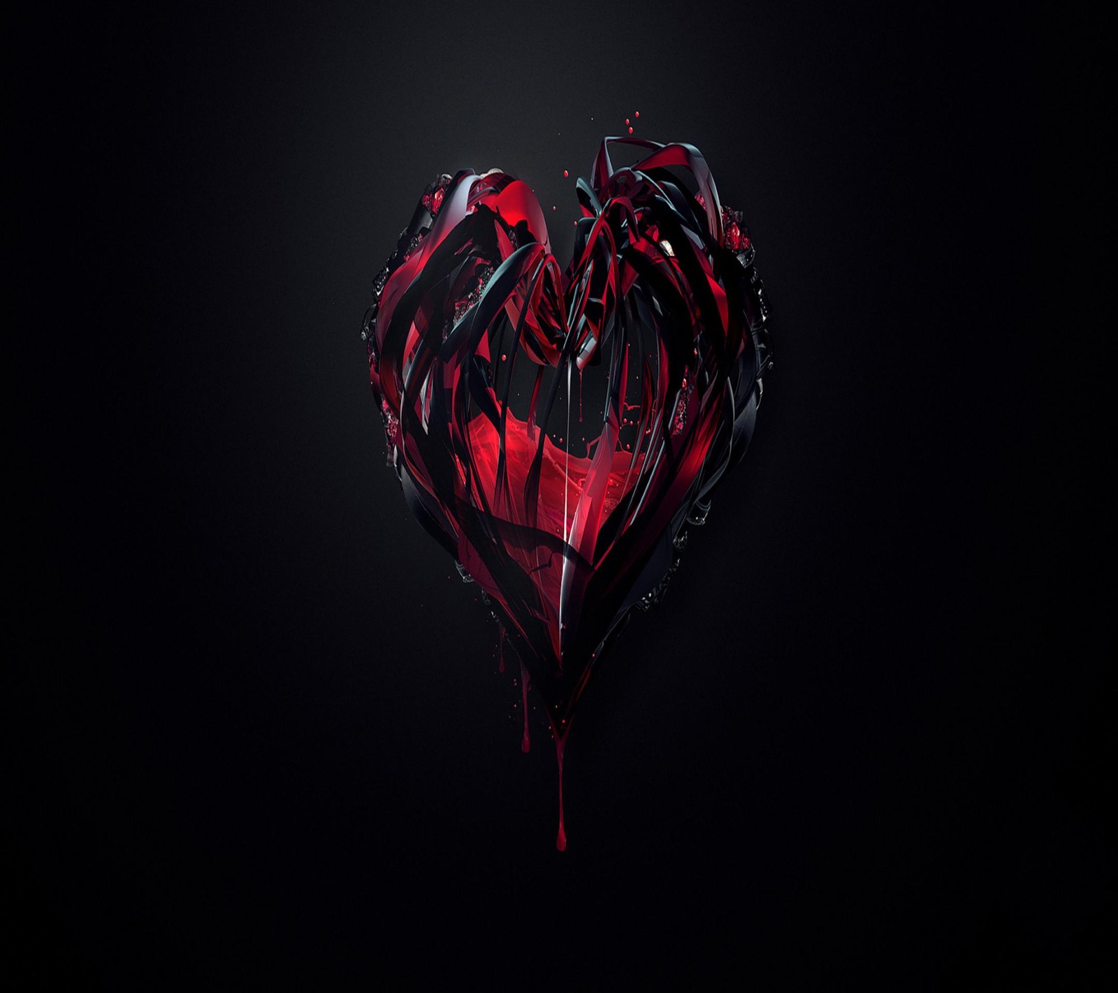 Un primer plano de un objeto en forma de corazón sobre un fondo negro (3d, abstracto, negro, sangre, corazón)