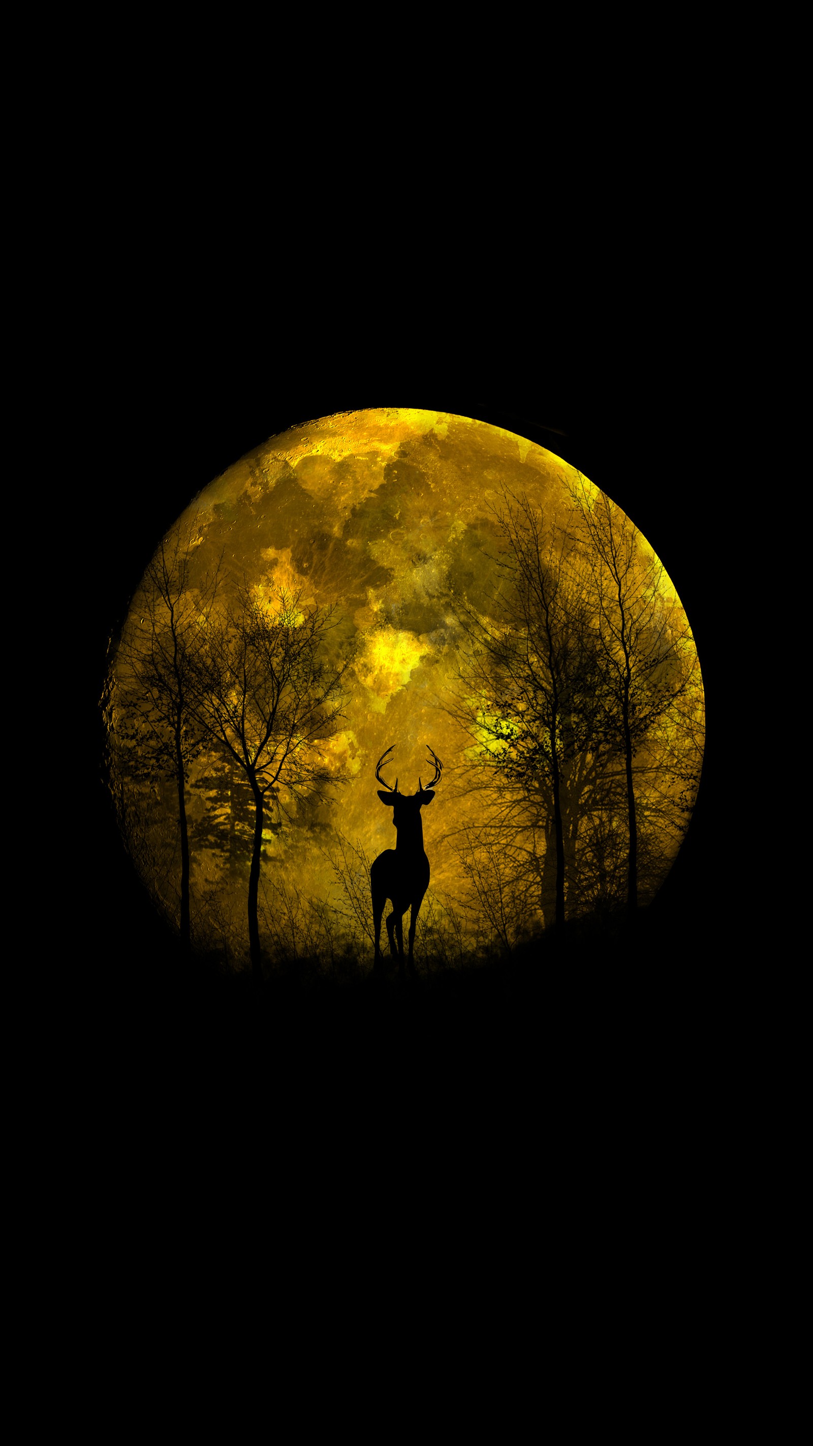 Araffe standing in front of a full moon with trees (moon, deer, yellow, bright, dark)