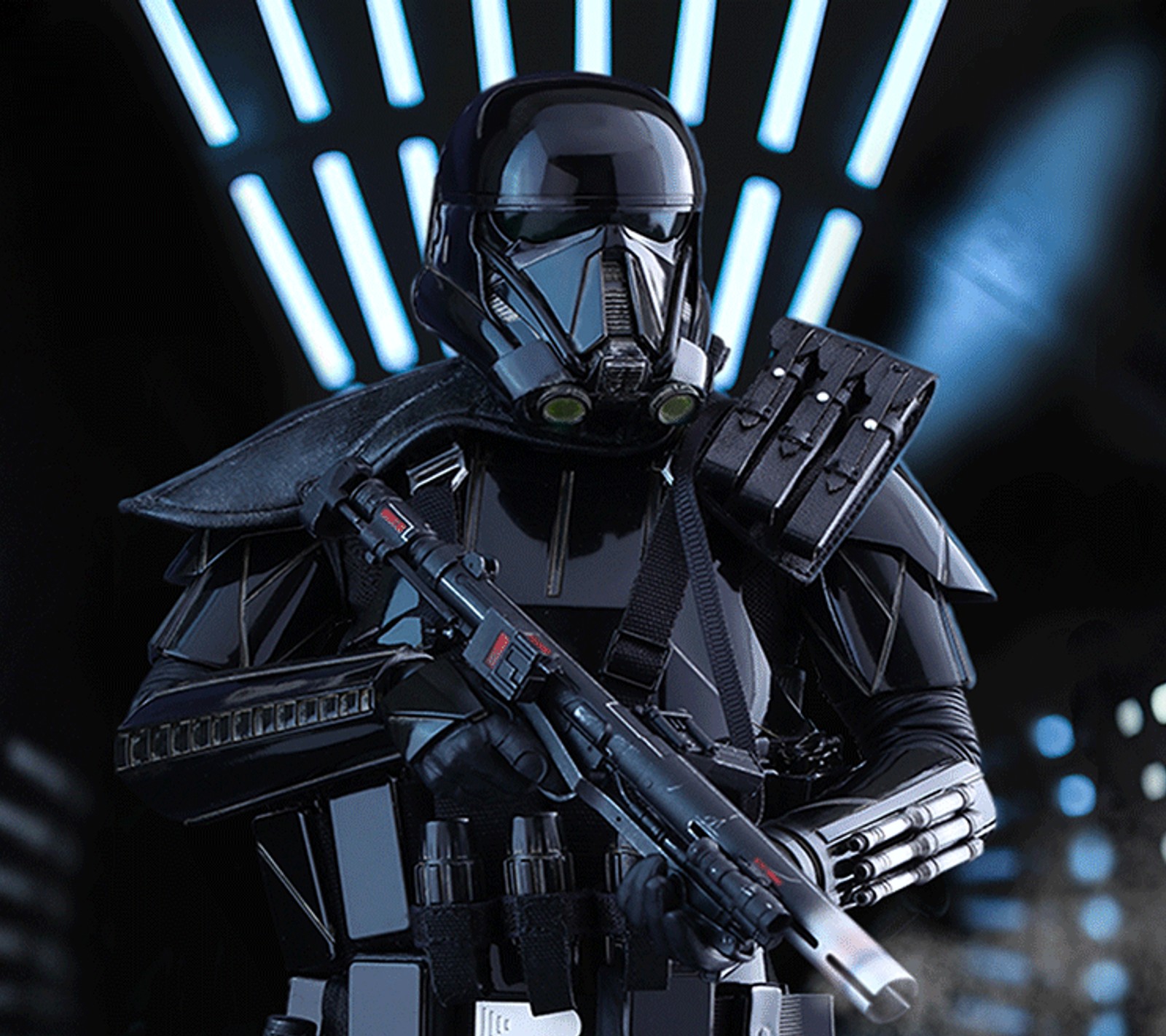 Arafed trooper with a gun and a helmet on (death trooper, star wars)