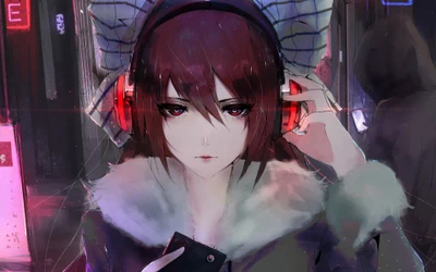 Personaje de anime futurista con auriculares en un entorno urbano