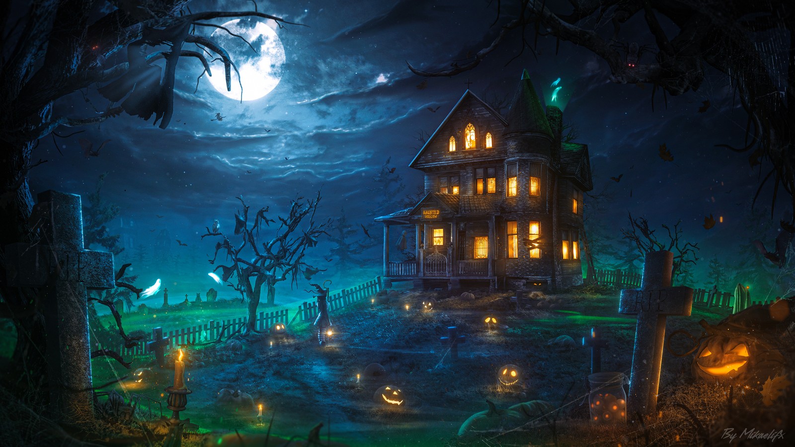 Дом с полной луной и кладбищем ночью (призрачный, halloween house, зловещий особняк, хэллоуинские тыквы, эстетика)