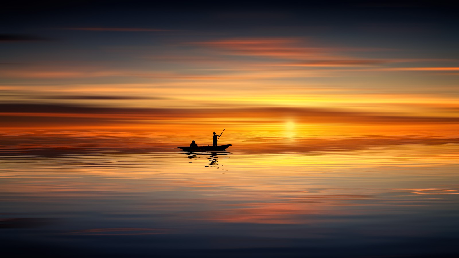 Arafed man in a boat on a calm lake at sunset (boat, sunset, sailboat, horizon, sunrise)