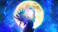 Senku Ishigami alcanzando la luna en un paisaje celestial