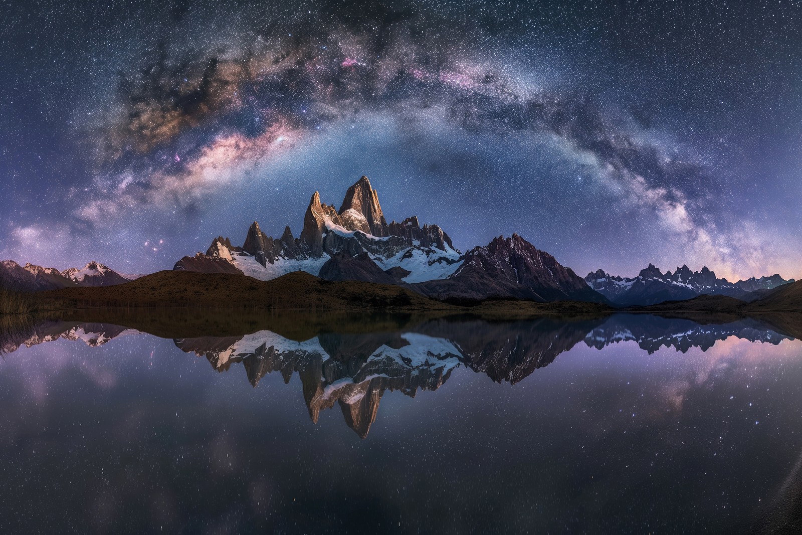 Uma vista da via láctea e das montanhas refletidas em um lago (patagônia, patagonia, felicidade, majestoso, paisagem)