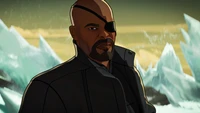 Nick Fury em uma paisagem gelada e dramática, incorporando a essência do universo animado da Marvel.