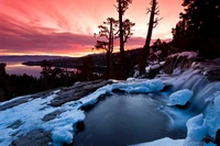 Lever de soleil d'hiver serein sur des eaux glacées et un terrain enneigé