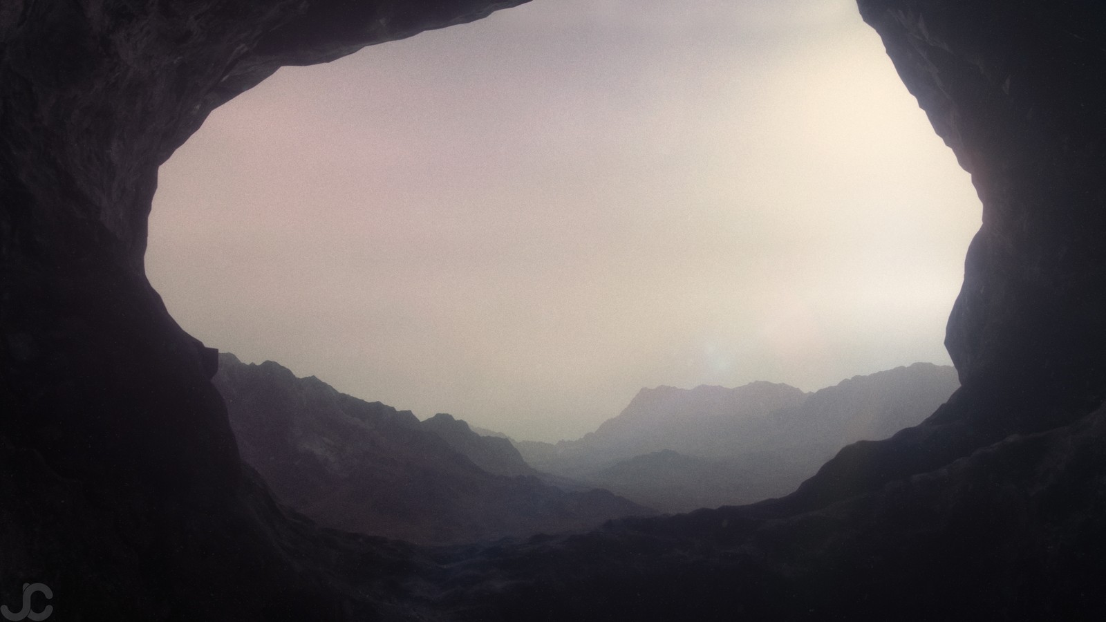 Una vista de una cueva con un cielo de fondo (nube, montaña, cueva, formación, roca)