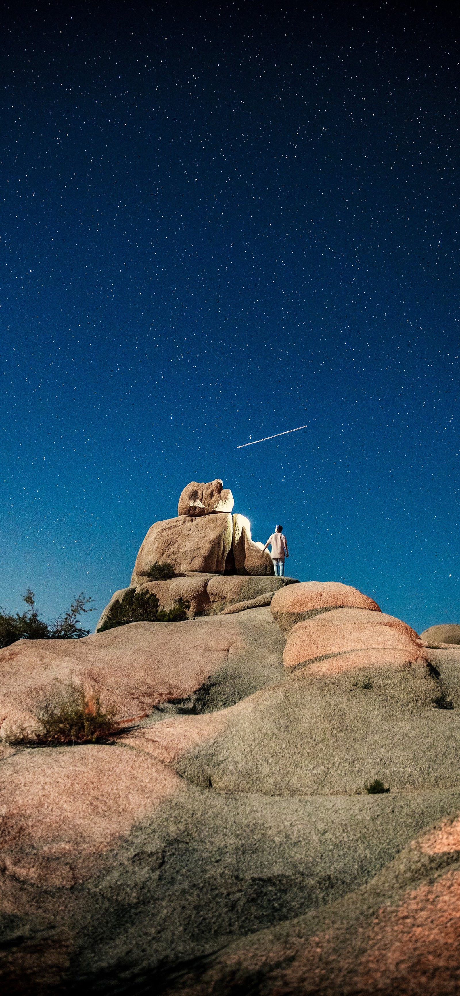 There is a man standing on a rock with a plane flying overhead (joshua tree national park, national park, park, apples, ecoregion)