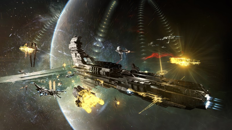 Группа кораблей в космосе с планетой на фоне (eve online, видеоигра, космический корабль)