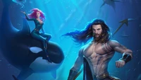 Aquaman and Mera in an underwater adventure with an orca.