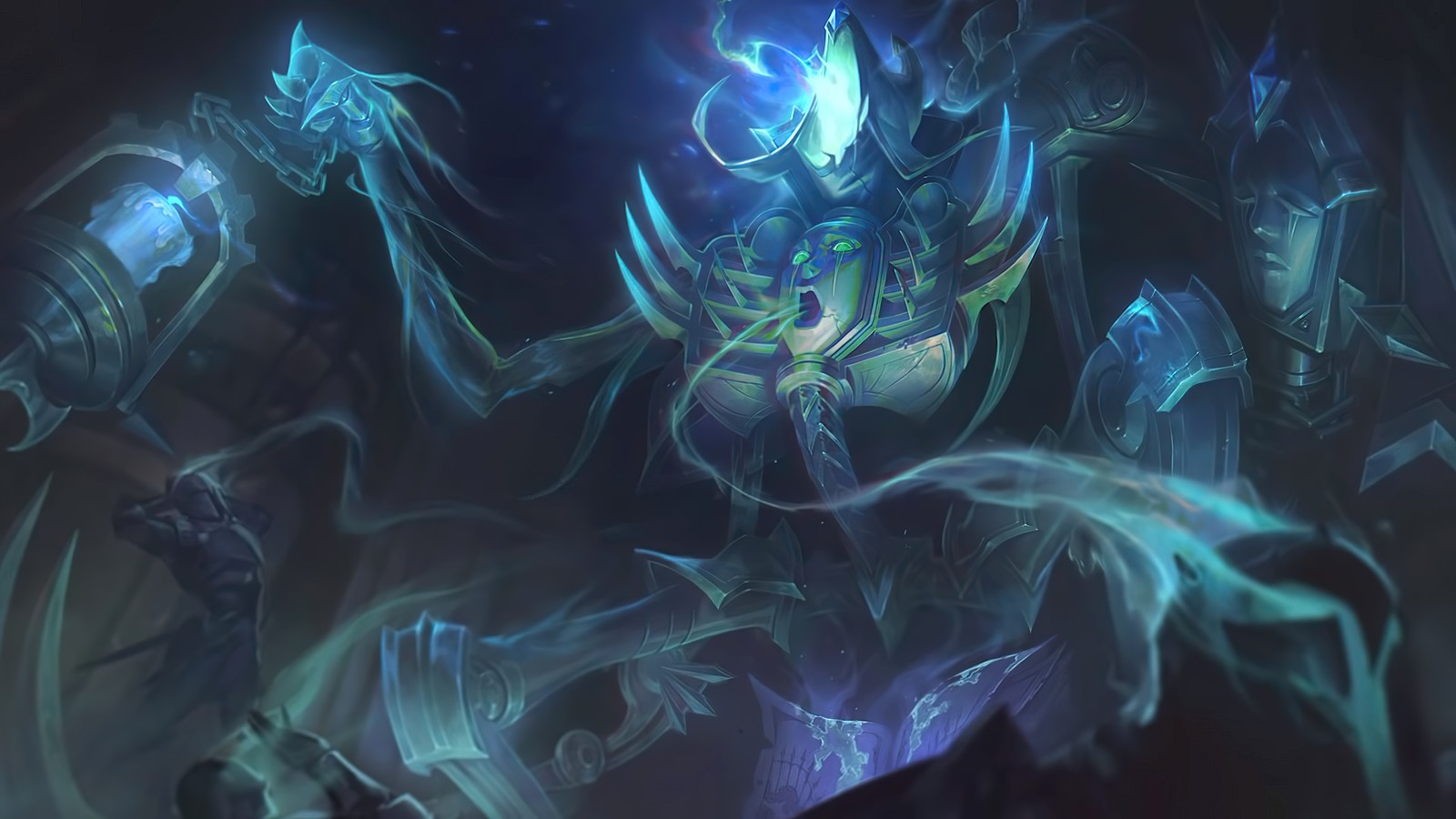 A close up of a person holding a sword in a dark room (spectral, fiddlesticks, new, skin, splash art)