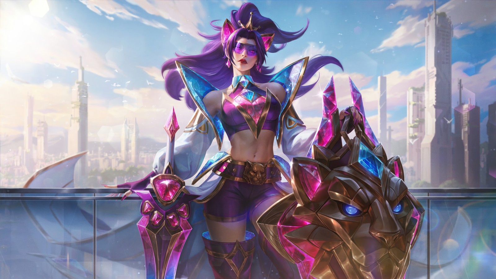 Une femme en tenue violette tenant une épée et un bouclier (lion de bataille, leona, édition prestige, league of legends, jeu vidéo)