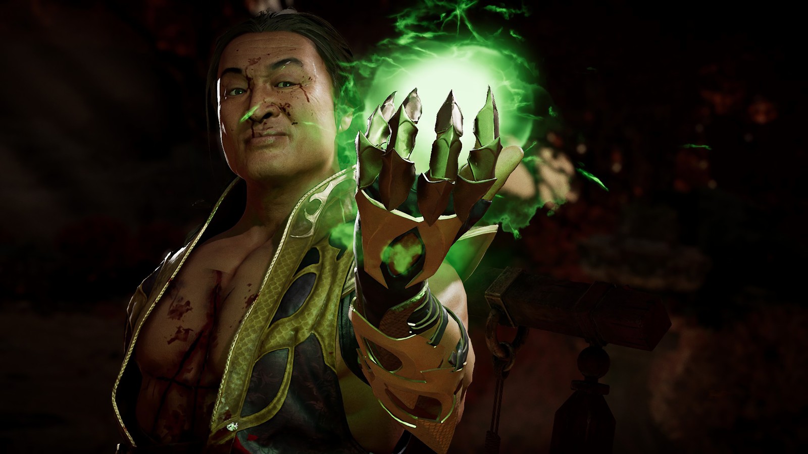 A man with a green light in his hand (shang tsung, mortal kombat 11, video game)