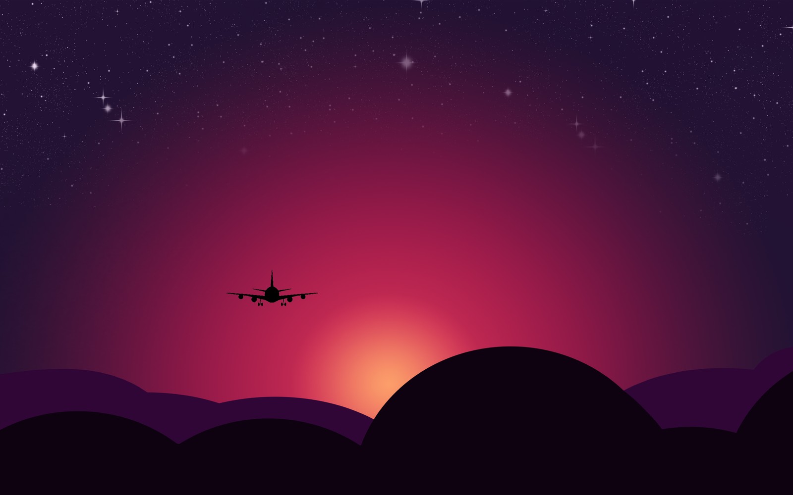 A plane flying over a mountain at night with the sun setting (plane, sunset, starry sky, illustration, red sky)