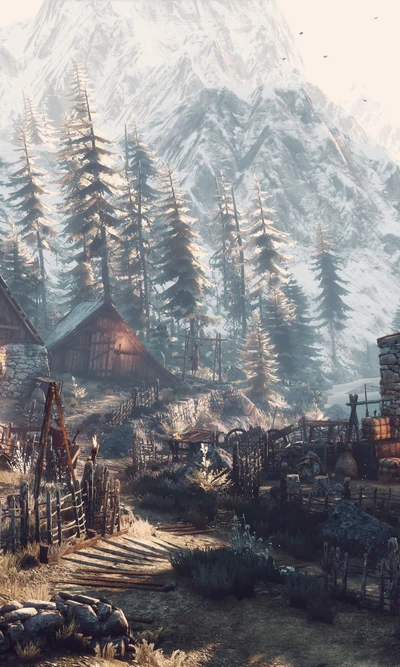 Des montagnes enneigées entourent un village tranquille niché parmi des mélèzes, reflétant la beauté naturelle du biome de haute montagne dans "The Witcher 3: Wild Hunt.