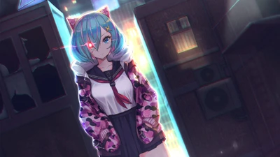 Anime Girl with Cat Ears in a Neon Urban Setting