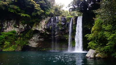 Cascata serena caindo em uma piscina tranquila cercada por vegetação exuberante