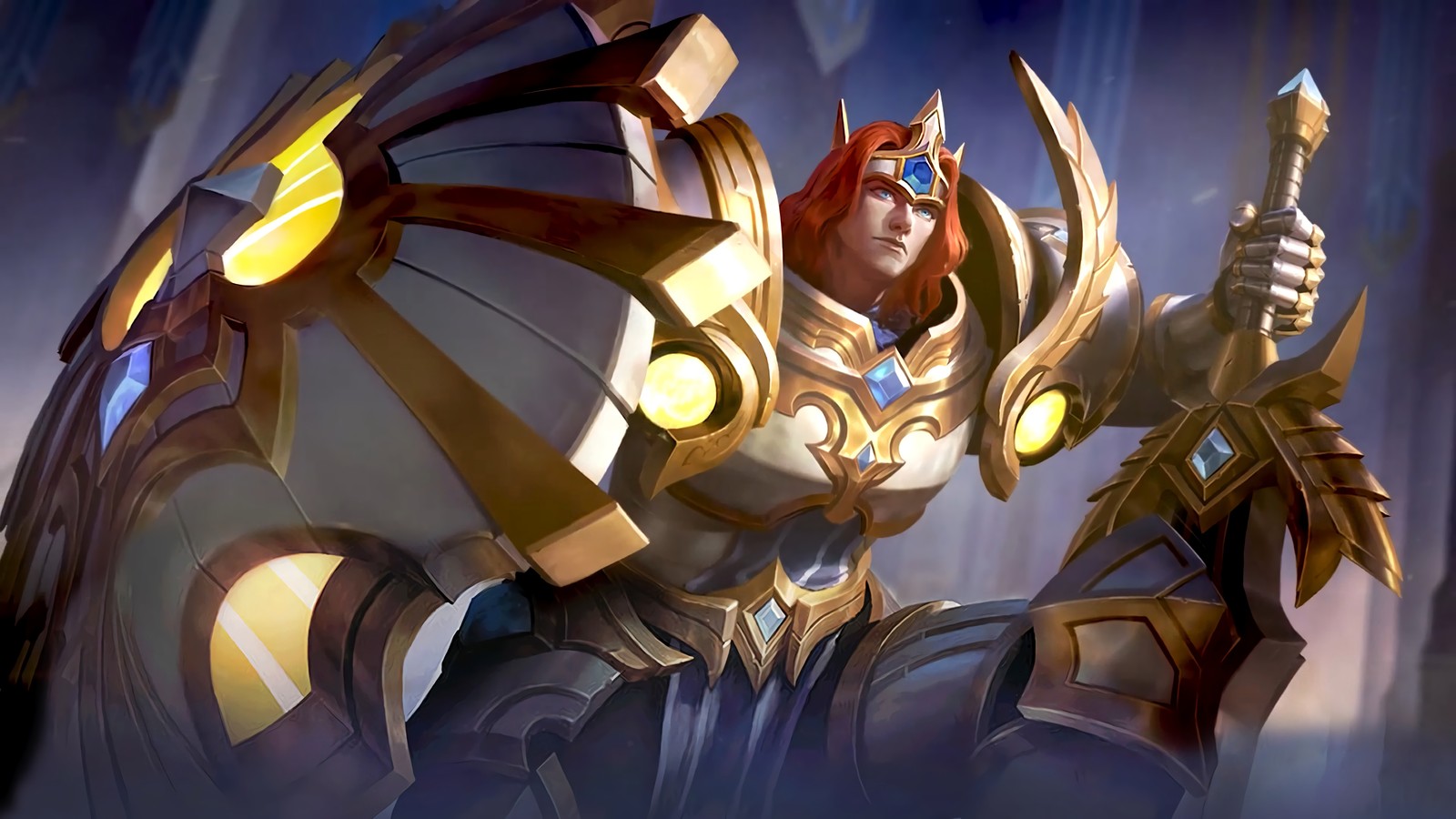 Une femme en armure tenant une épée et un bouclier (tigreal, né de la lumière, défenseur, peau, mobile legends)