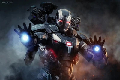 Futuristic War Machine: Armor-Clad Marvel Superhero in Dynamic Action