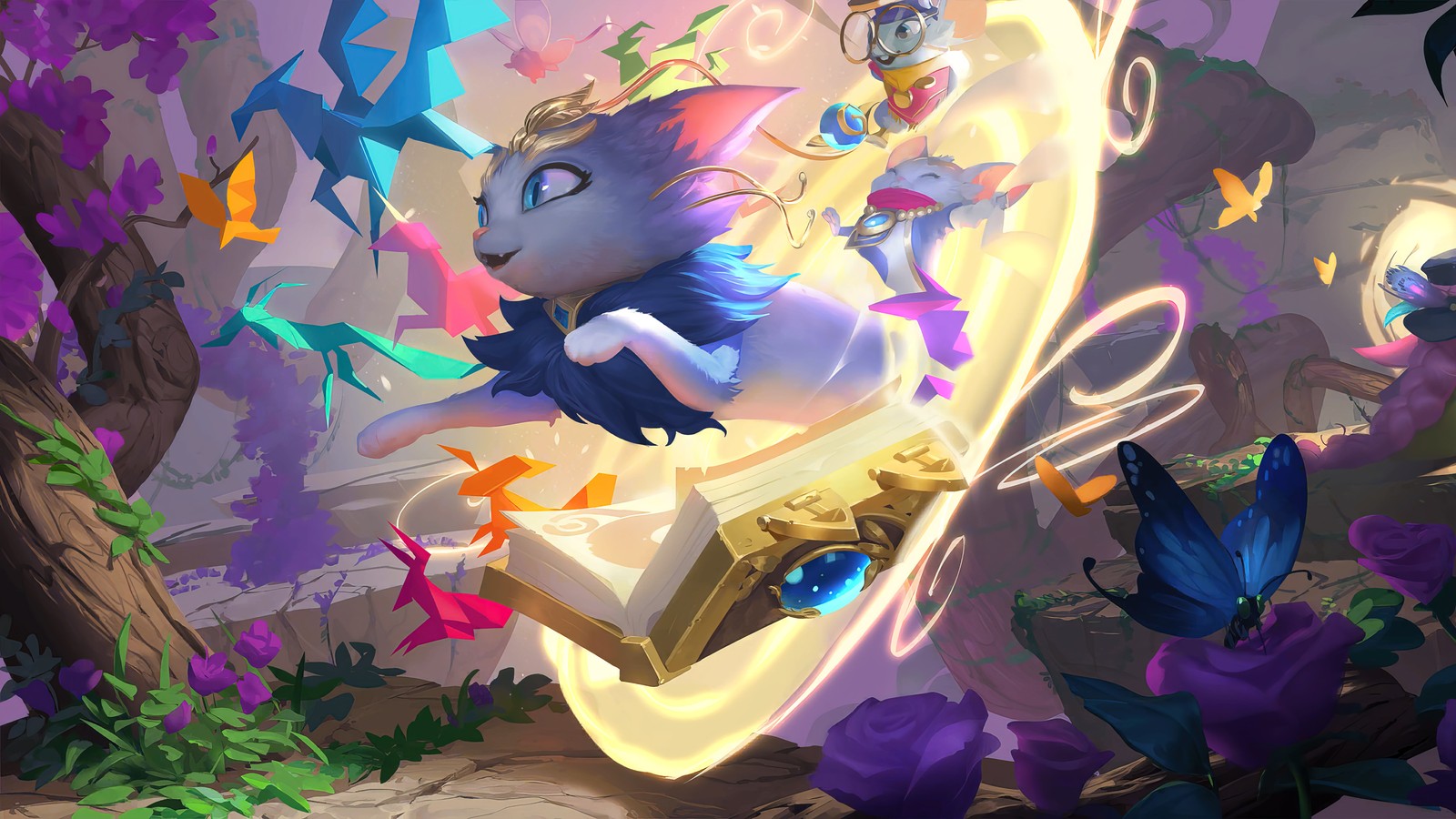 A cat is flying through the air with a light in its mouth (yuumi, league of legends, lol, legends of runeterra, lor)