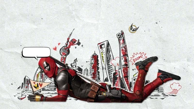 Arte dinâmica do Deadpool com fundo urbano