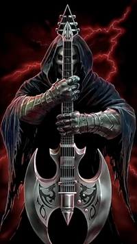 Menacing Skull with Electric Guitar in Dark Cloak