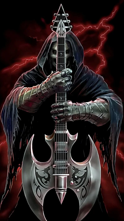 Menacing Skull with Electric Guitar in Dark Cloak