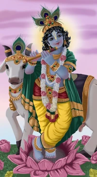 Krishna jouant de la flûte avec une vache au milieu des fleurs de lotus