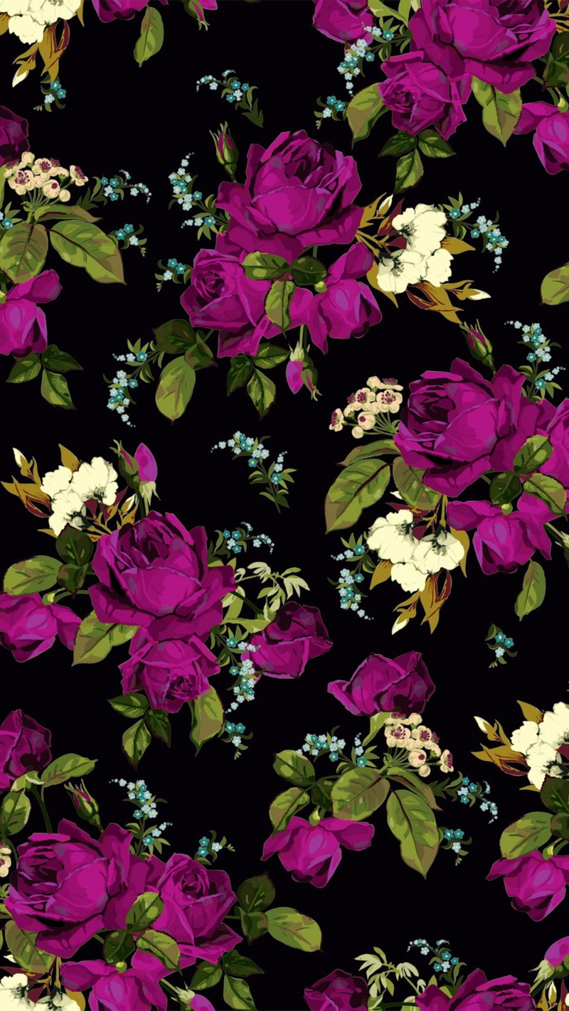 Gros plan d'un fond noir avec un tas de fleurs (floral, motif, imprimer, violet, roses)