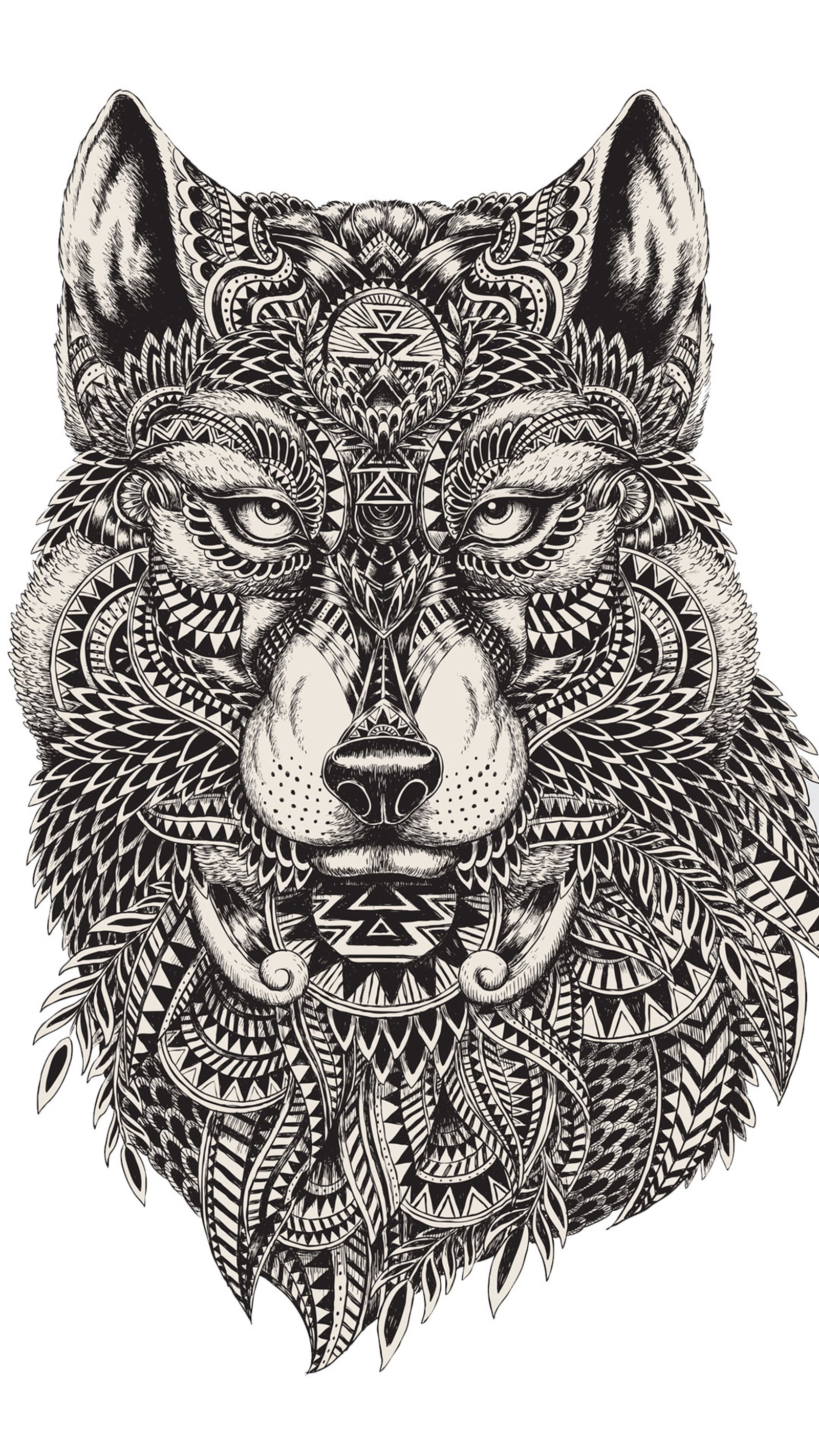 A black and white drawing of a wolf with intricate patterns (abstract, animal, art, best, black)