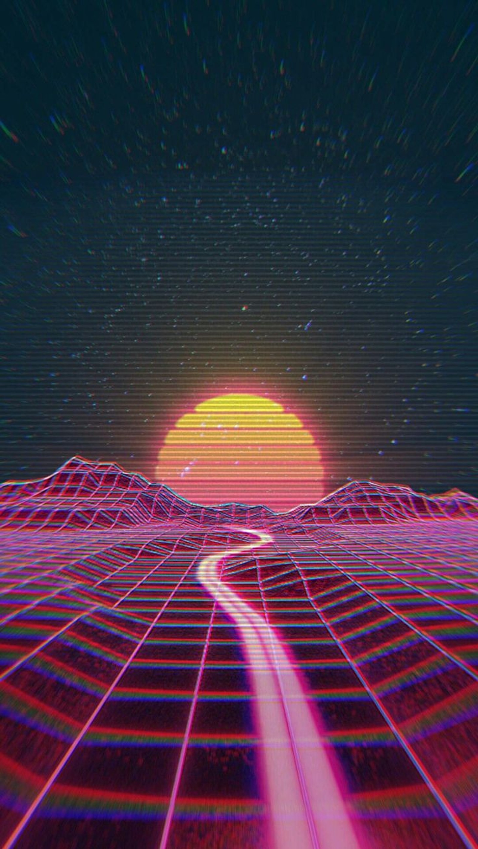 Una imagen generada por computadora de un atardecer sobre un desierto (80s, estética, vaporwave)