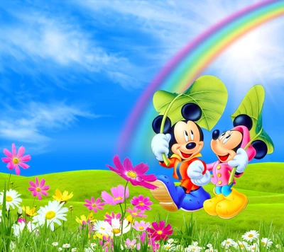 disney, mickey, minnie, souris, arc en ciel