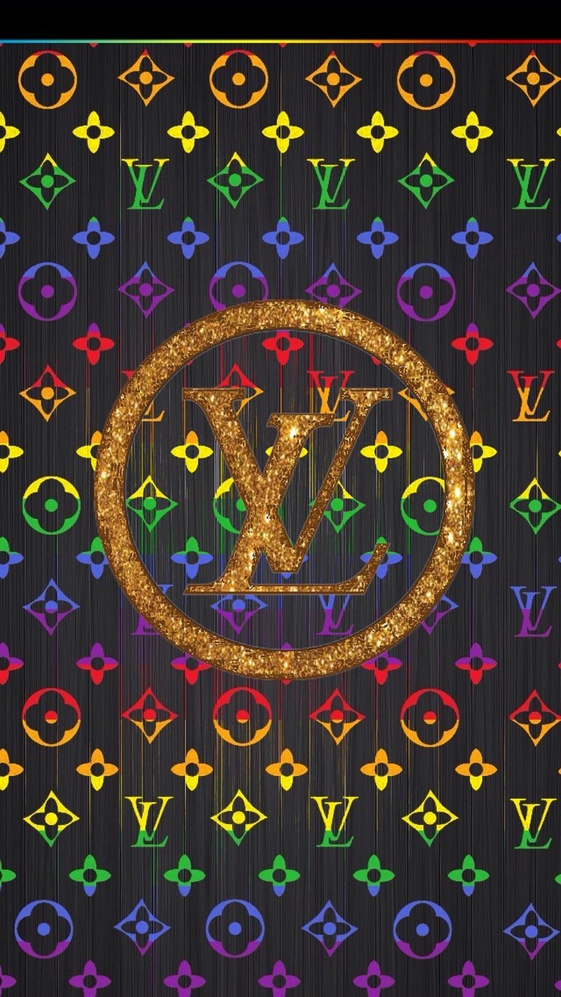 Крупный план цветного узора louis vuitton с золотой буквой v (гламур, блестки, золото, луи виттон, louis vuitton)