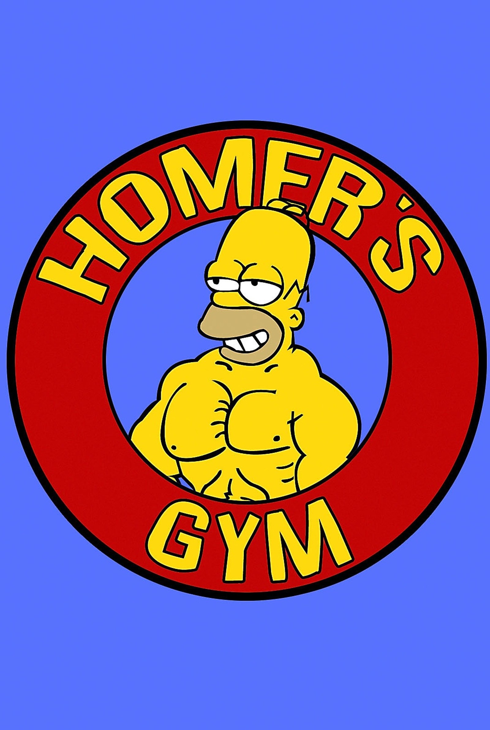 Logotipo da academia do homer com um personagem de desenho animado no meio (azul, academia, homero, etiqueta, simpsons)