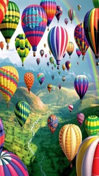 Bunte Heißluftballons über einer malerischen Landschaft