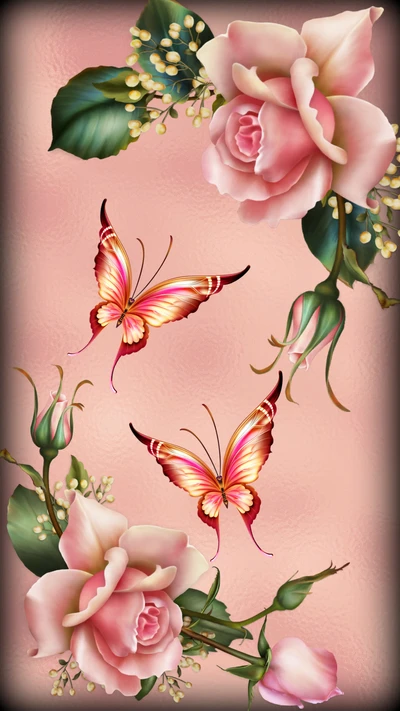 Papillons vibrants parmi des roses roses