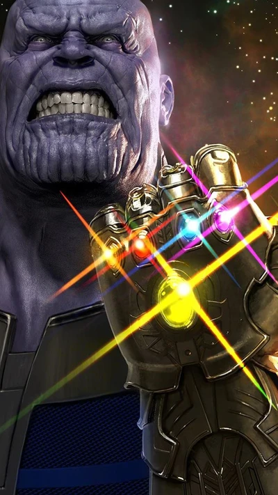 Thanos con el Guantelete del Infinito brilla en el fondo cósmico