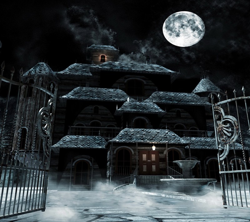 A close up of a gate with a building in the background (haunted, hd, horror, house)