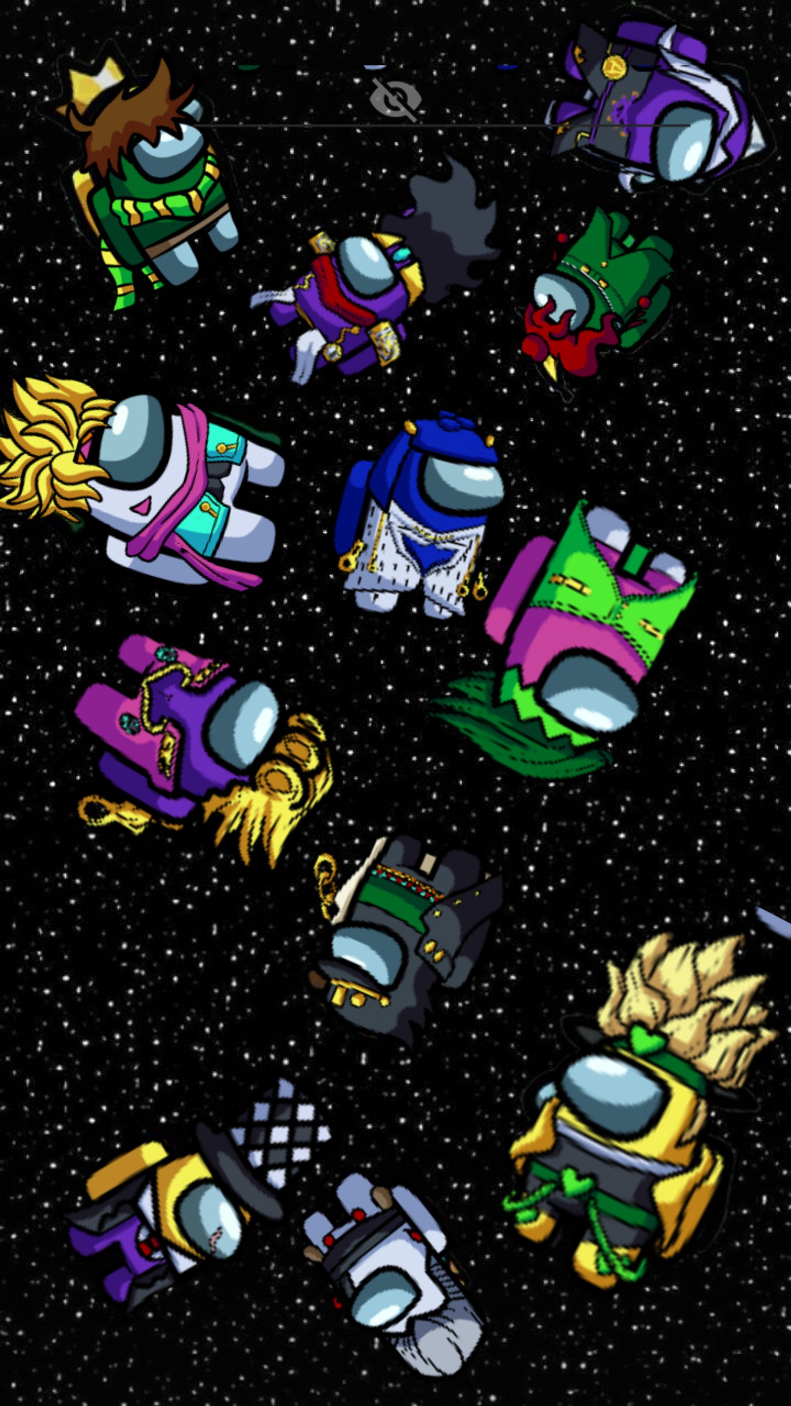 A group of cartoon characters in space with stars in the background (among us, anime, game, jjba, jjba x among us)