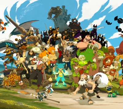 Dynamische Versammlung von Wakfu-Charakteren in lebendiger Animation