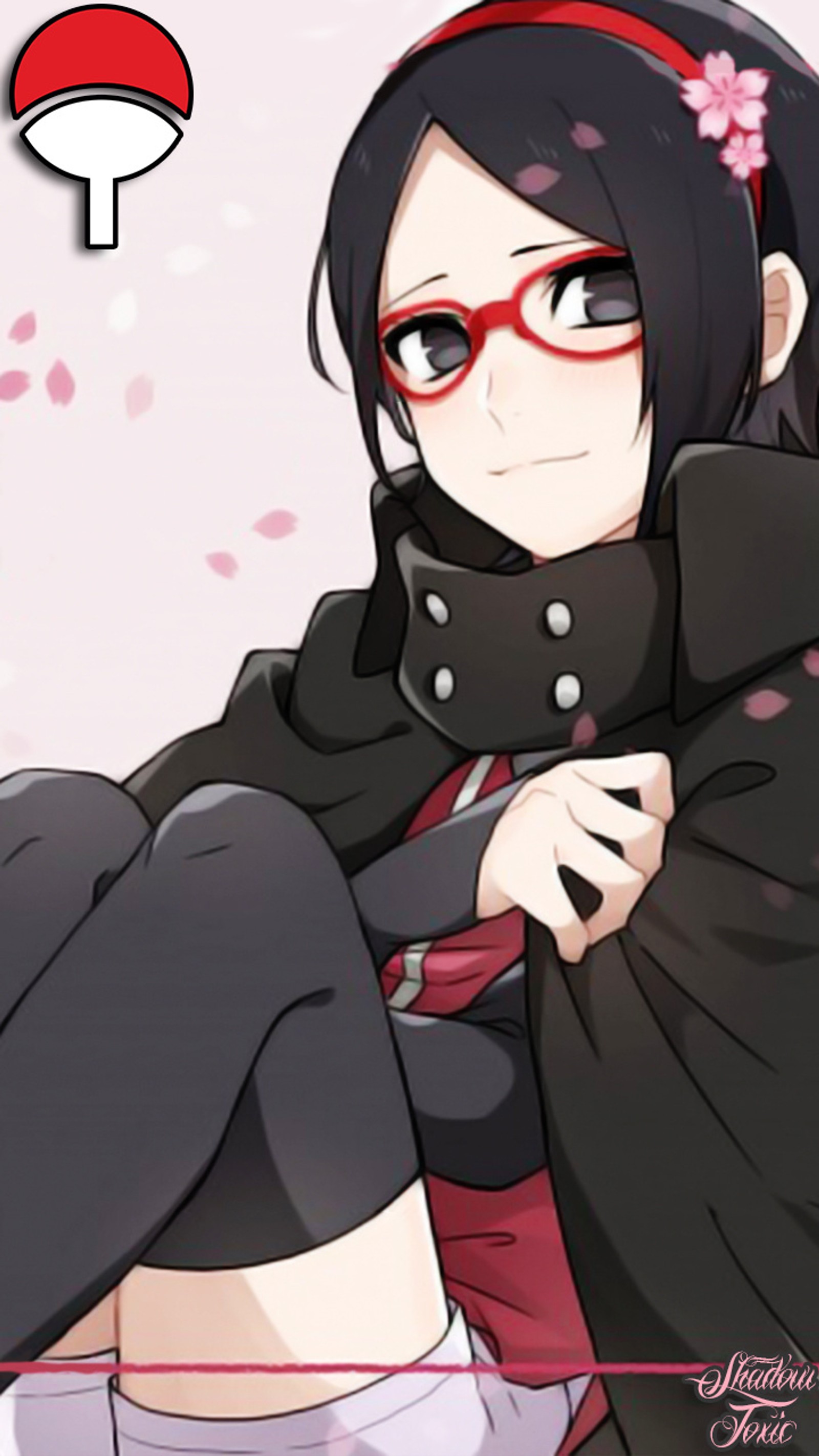 Fille d'anime avec des cheveux noirs et des lunettes rouges tenant un parapluie rouge (anime, boruto, fille, hija, naruto)