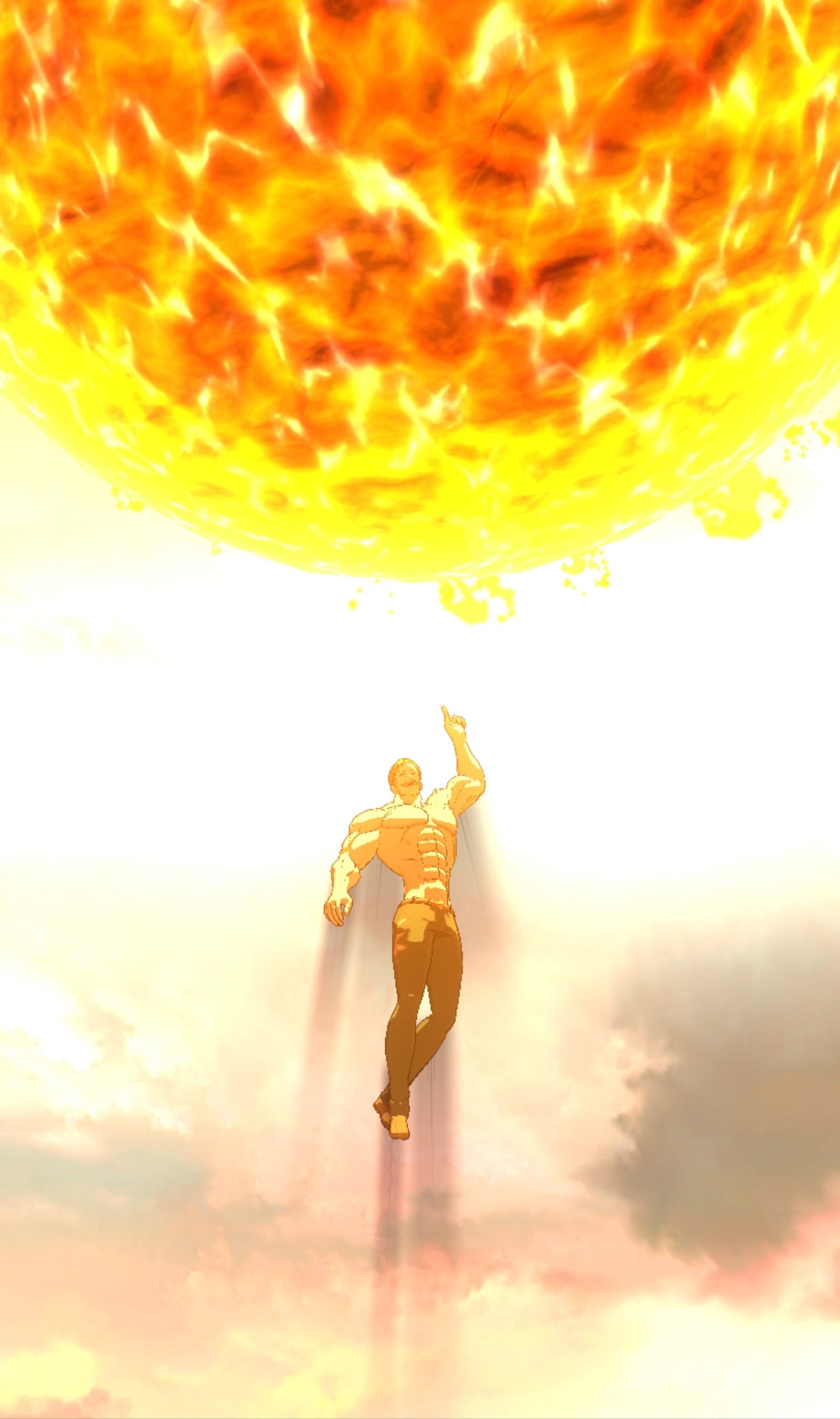 Hombre de anime volando a través de un sol amarillo con una bola roja de fondo (7ds, anime, cruelsun, escanor, grandcross)