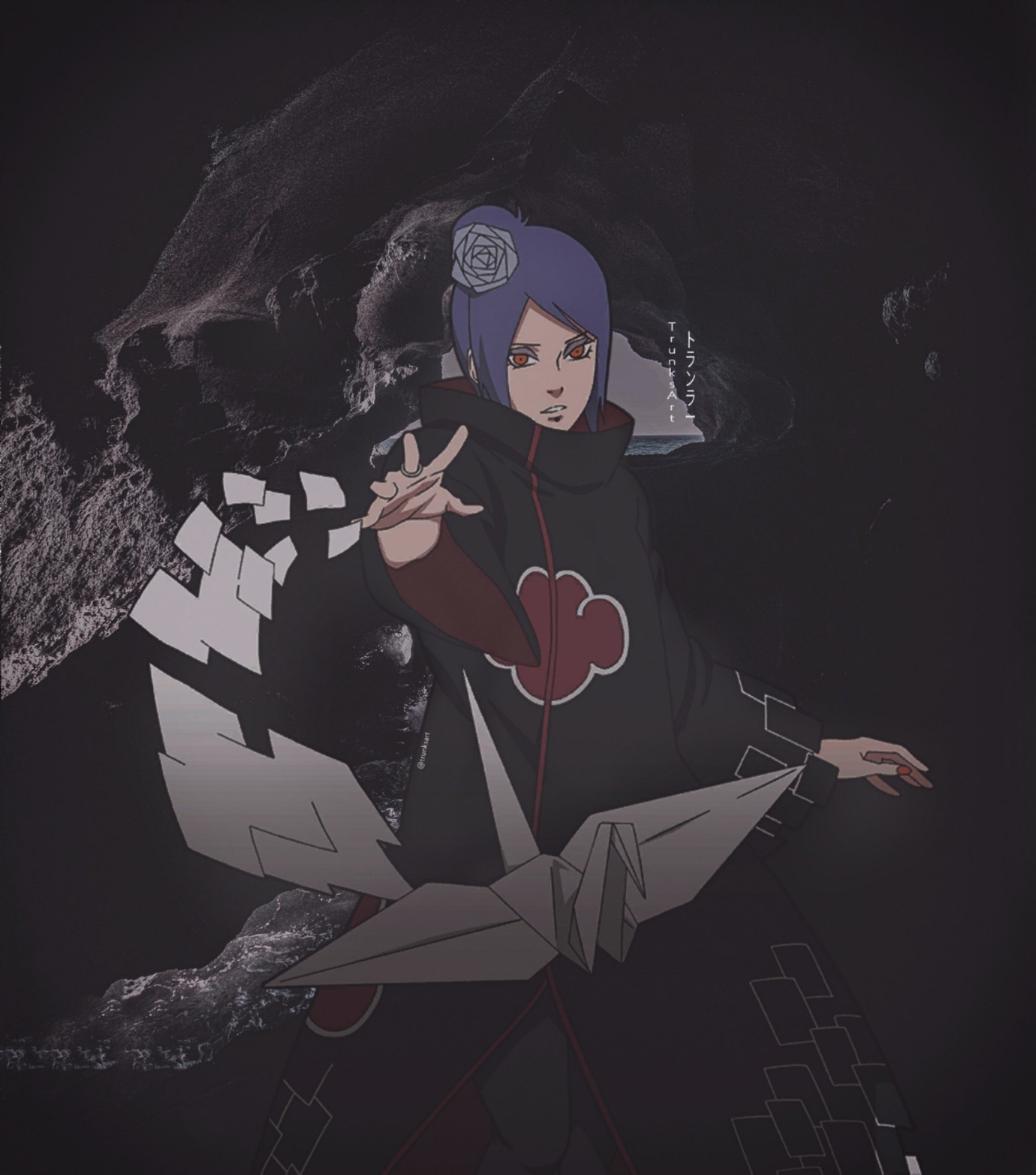 Personaje de anime con fondo negro y origami rojo y blanco (akatsuki, anime, konan, naruto)