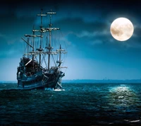 fantasía, luna, mar, barco